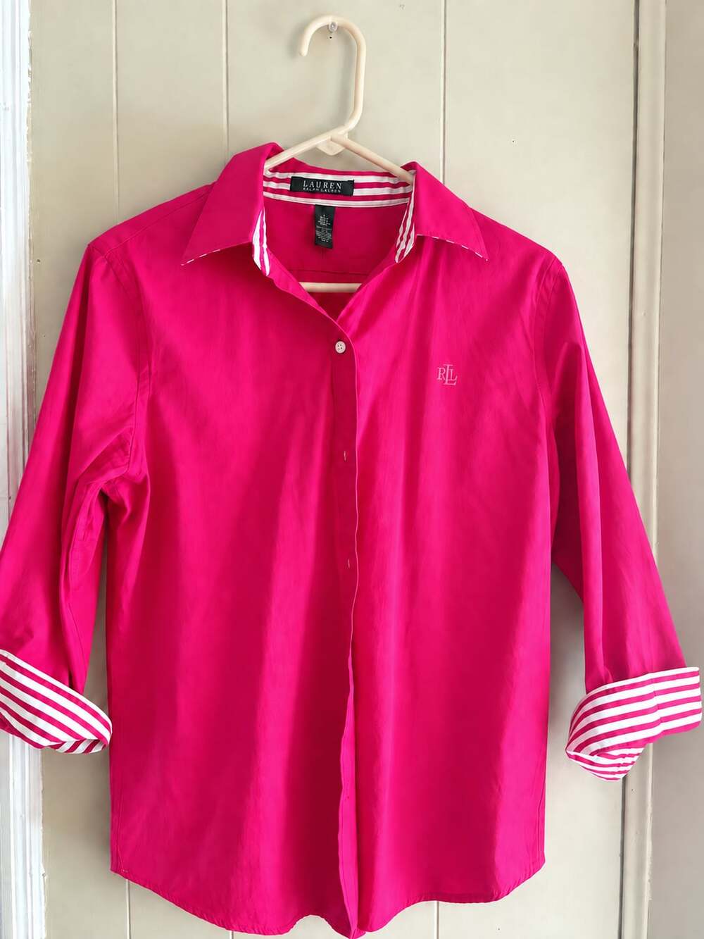 Lauren Ralph Lauren Button Up Shirt Size L Hot Pink Striped Accent